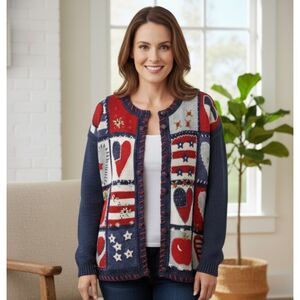 Heirloom Collectibles Cardigan Sweater Vintage Stars Stripes Hearts Patriotic M
